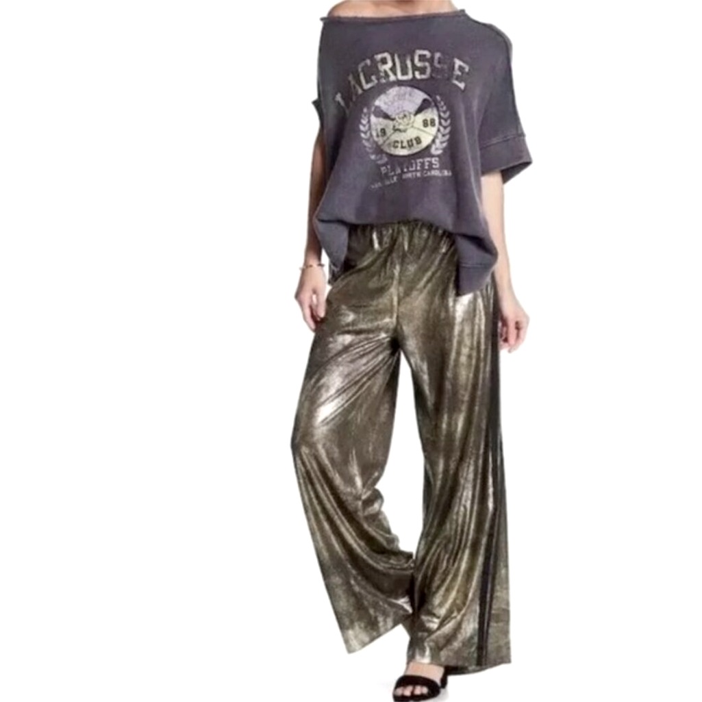 Free People Brushed Metallic Bronze Gold Silver Wide Leg Track Pants Wide M L